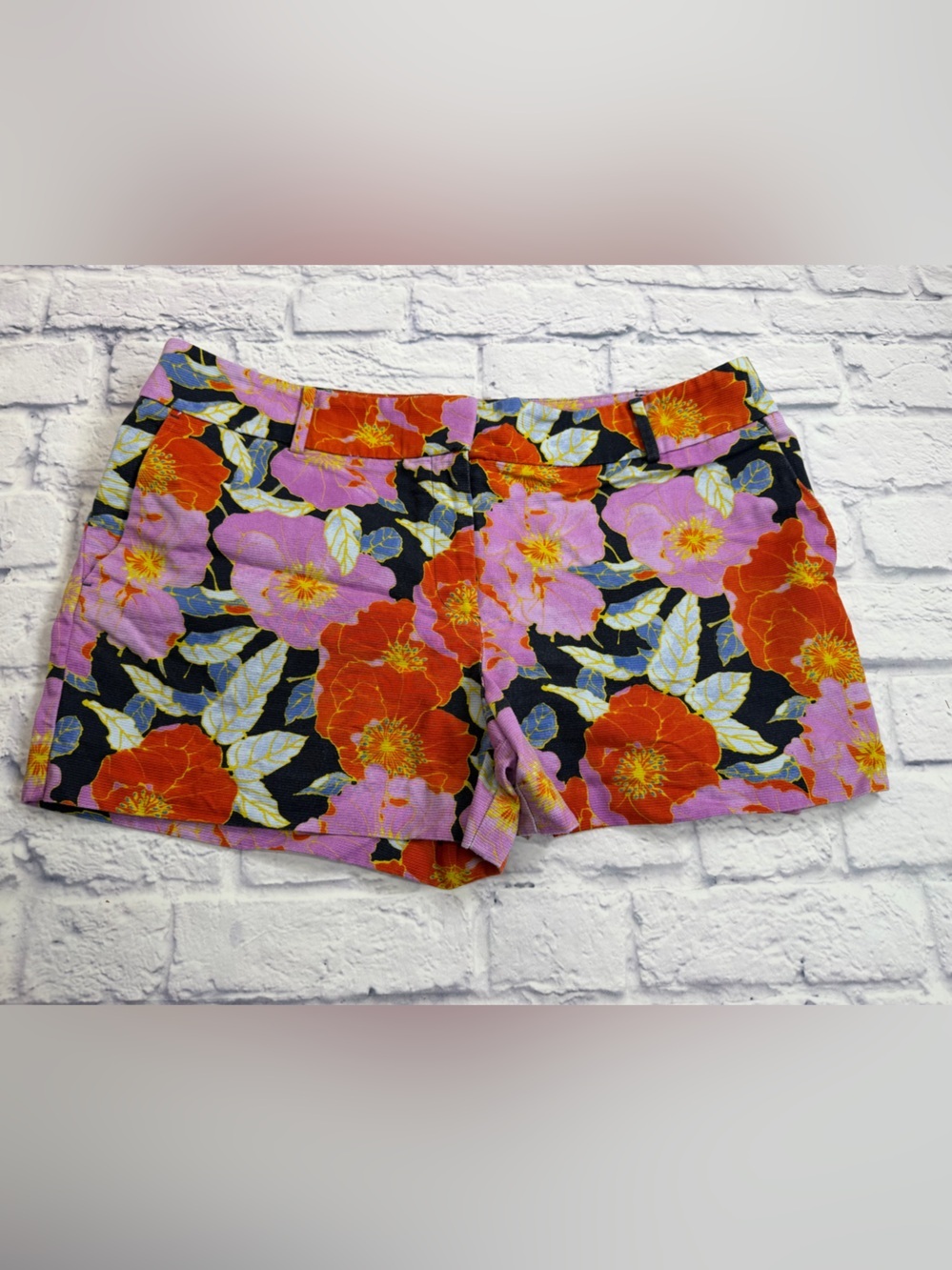 LOFT Black Floral Shorts with Pink & Red Blooms. Size 14.
